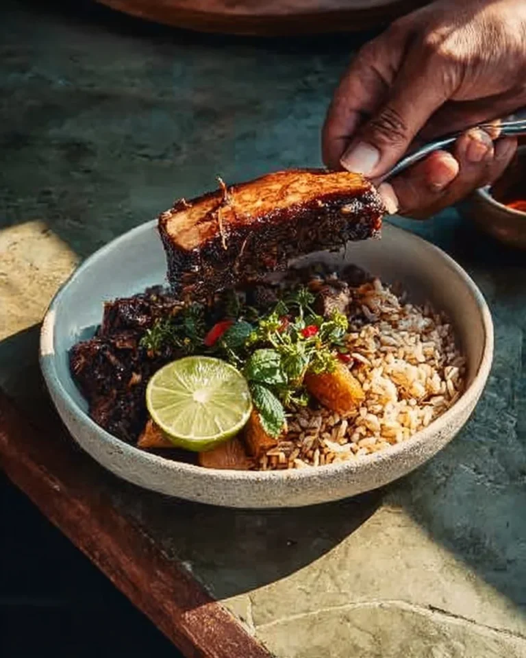 Five Spice and Lemongrass Short Ribs plated with fresh herbs