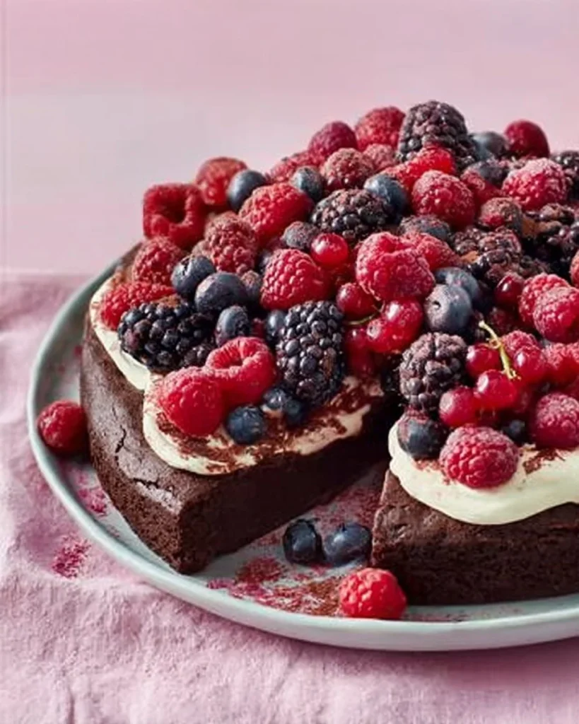 Flourless chocolate cloud cake topped with chocolate shavings on a white plate.