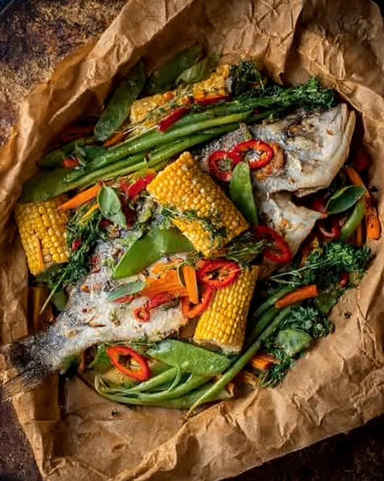 Plate of fragrant coconut baked fish served with rice and vegetables