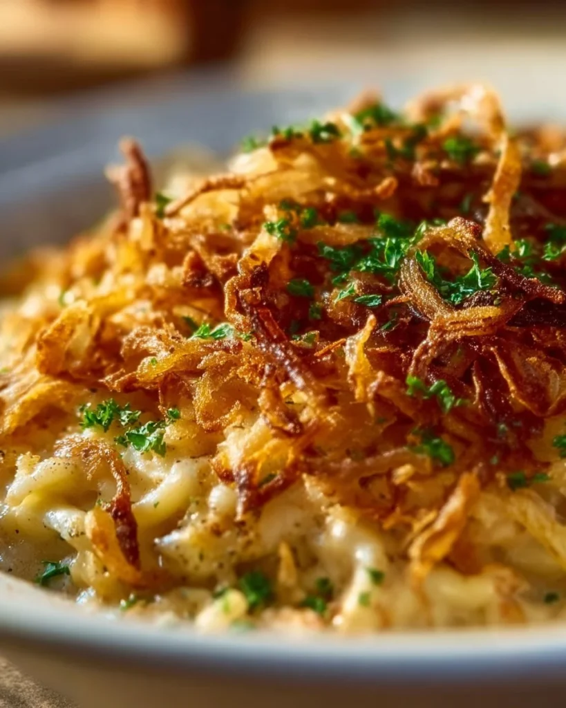 Delicious French Onion Chicken Orzo Casserole topped with melted cheese