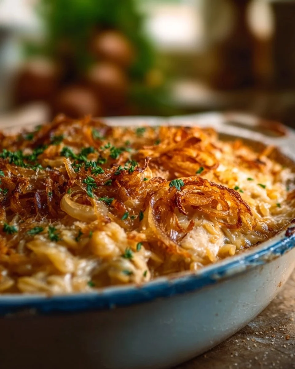 French Onion Chicken Orzo Casserole