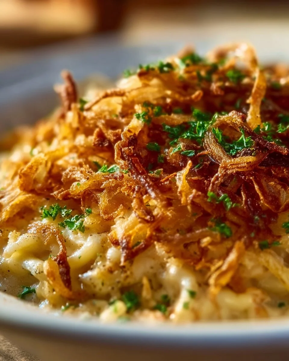French Onion Chicken Orzo Casserole