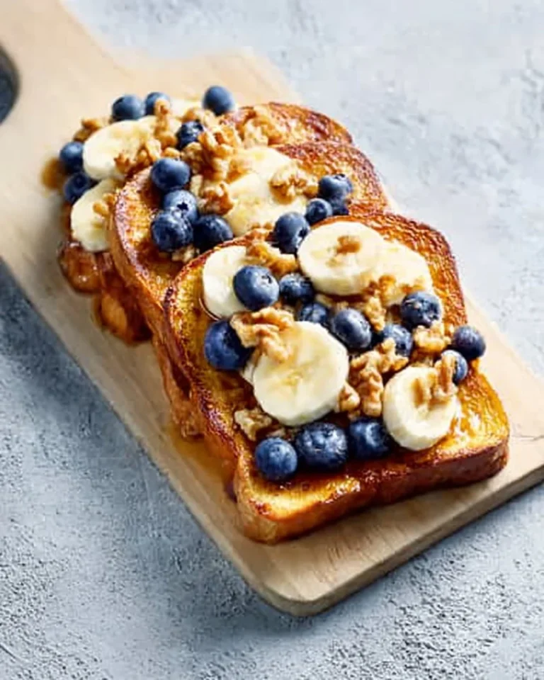 Delicious French Toast topped with bananas, blueberries, and walnuts