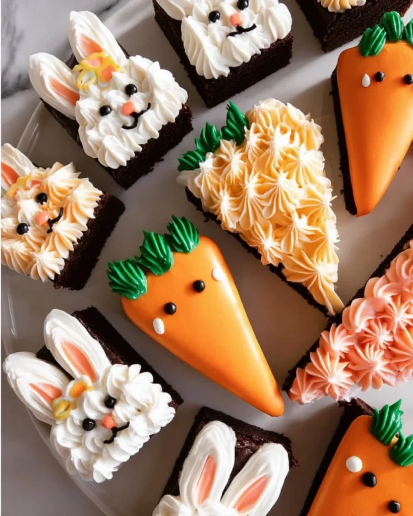 Frosted Easter brownies decorated with colorful sprinkles and festive designs.