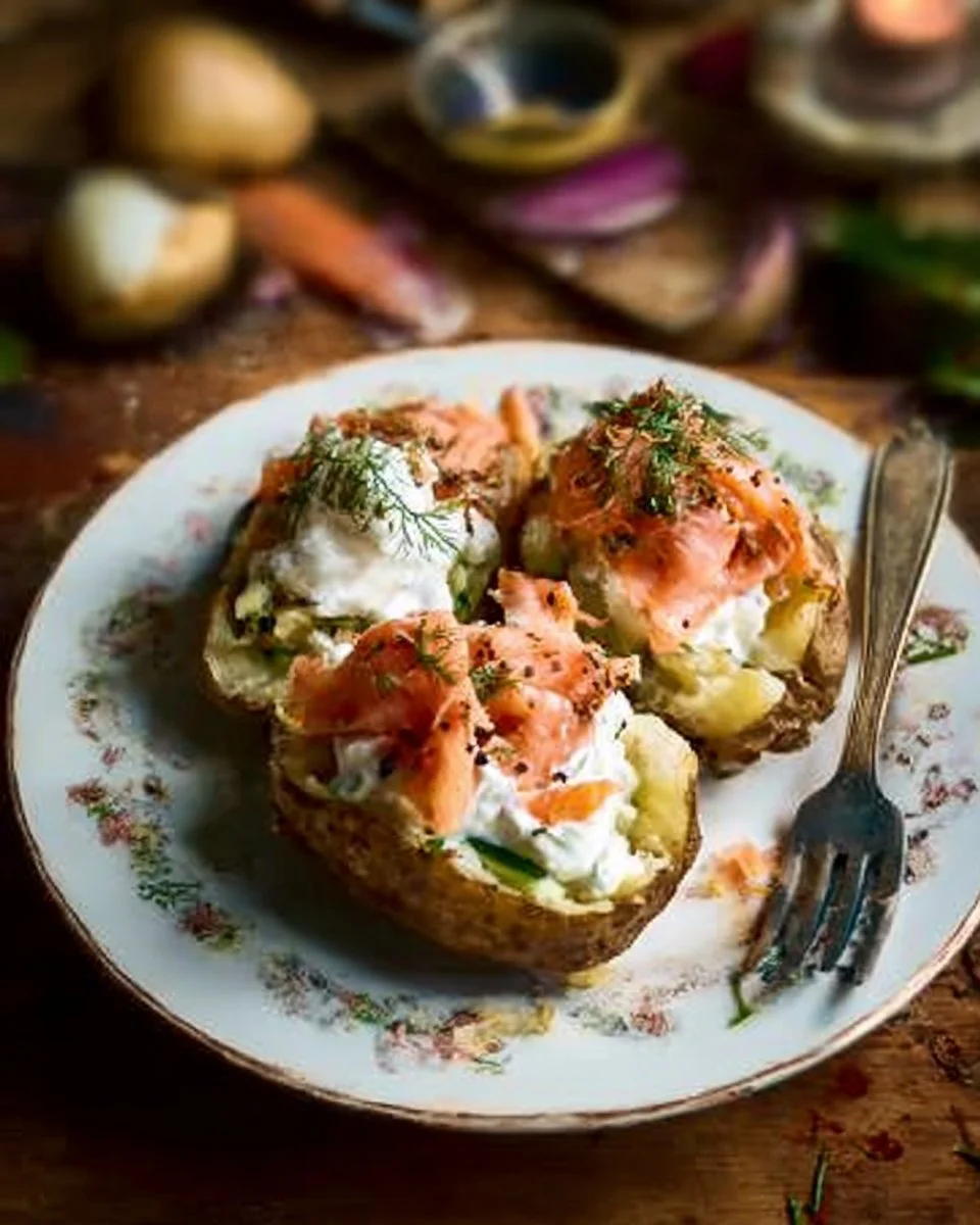 Jacket Potatoes with Crème Fraîche and Hot Smoked Trout