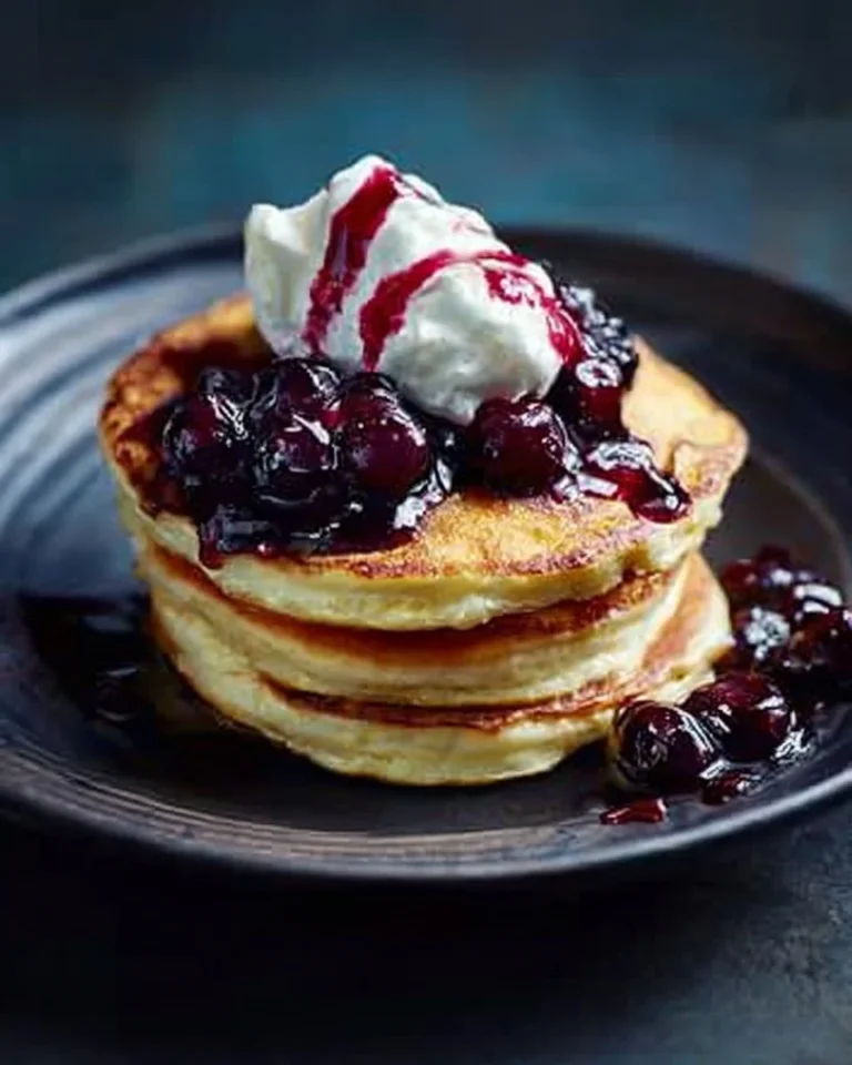 Delicious lemon ricotta hotcakes served with blueberry syrup