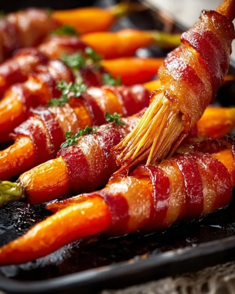 Maple bacon-glazed carrots served on a white plate