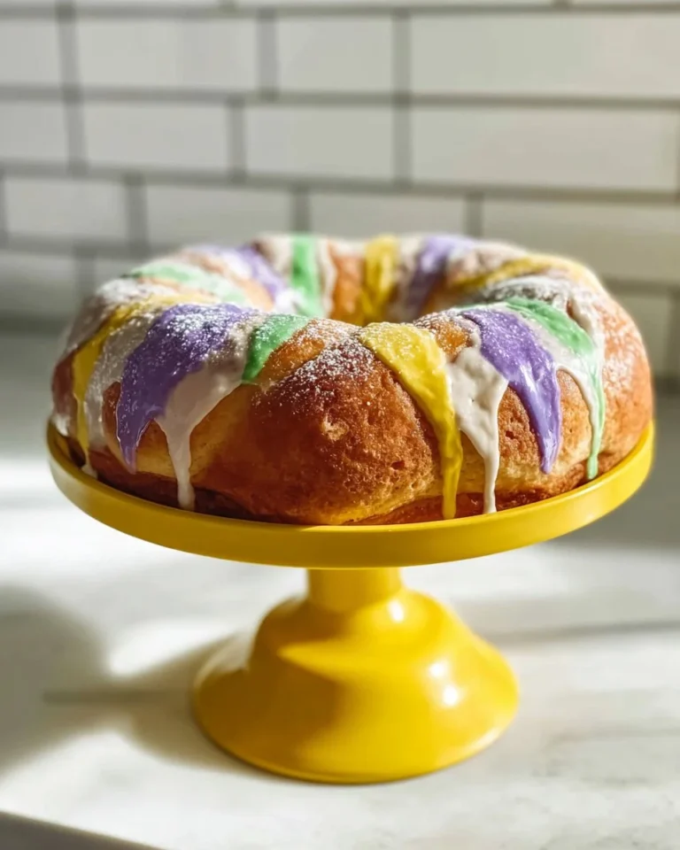 Delicious Mardi Gras King Cake decorated with colorful icing and sugar