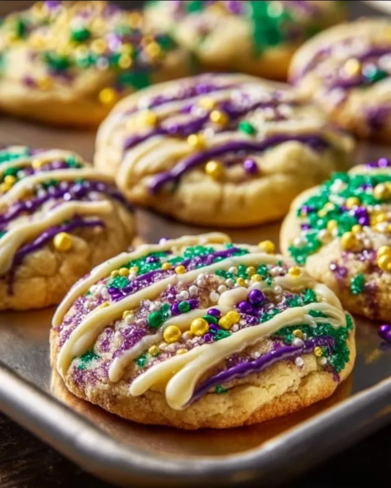 Colorful Mardi Gras King Cake Cookies decorated with frosting and sprinkles