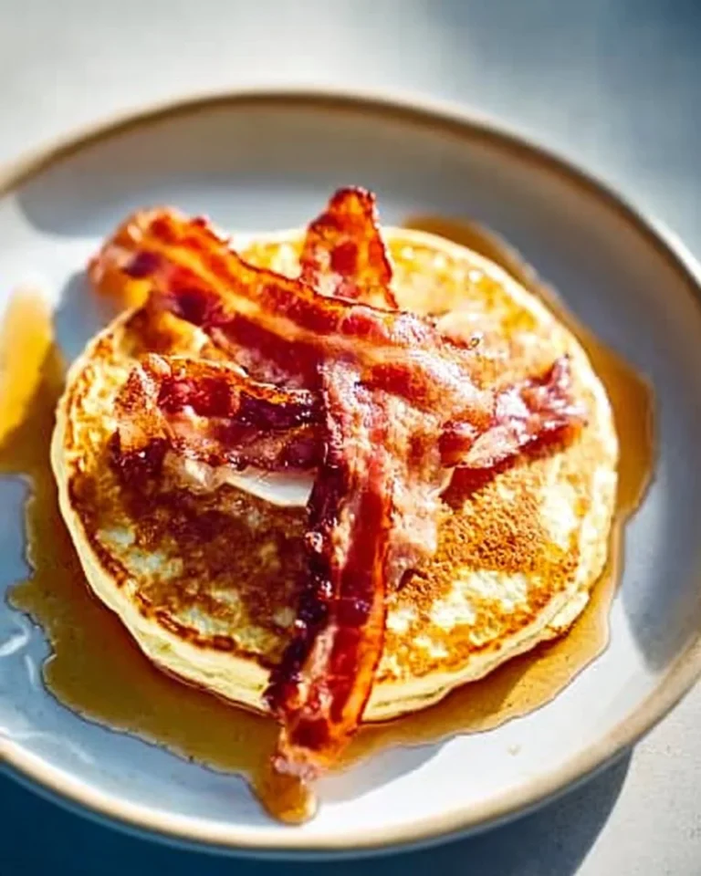 Fluffy pancakes topped with whipped maple butter and crispy pancetta