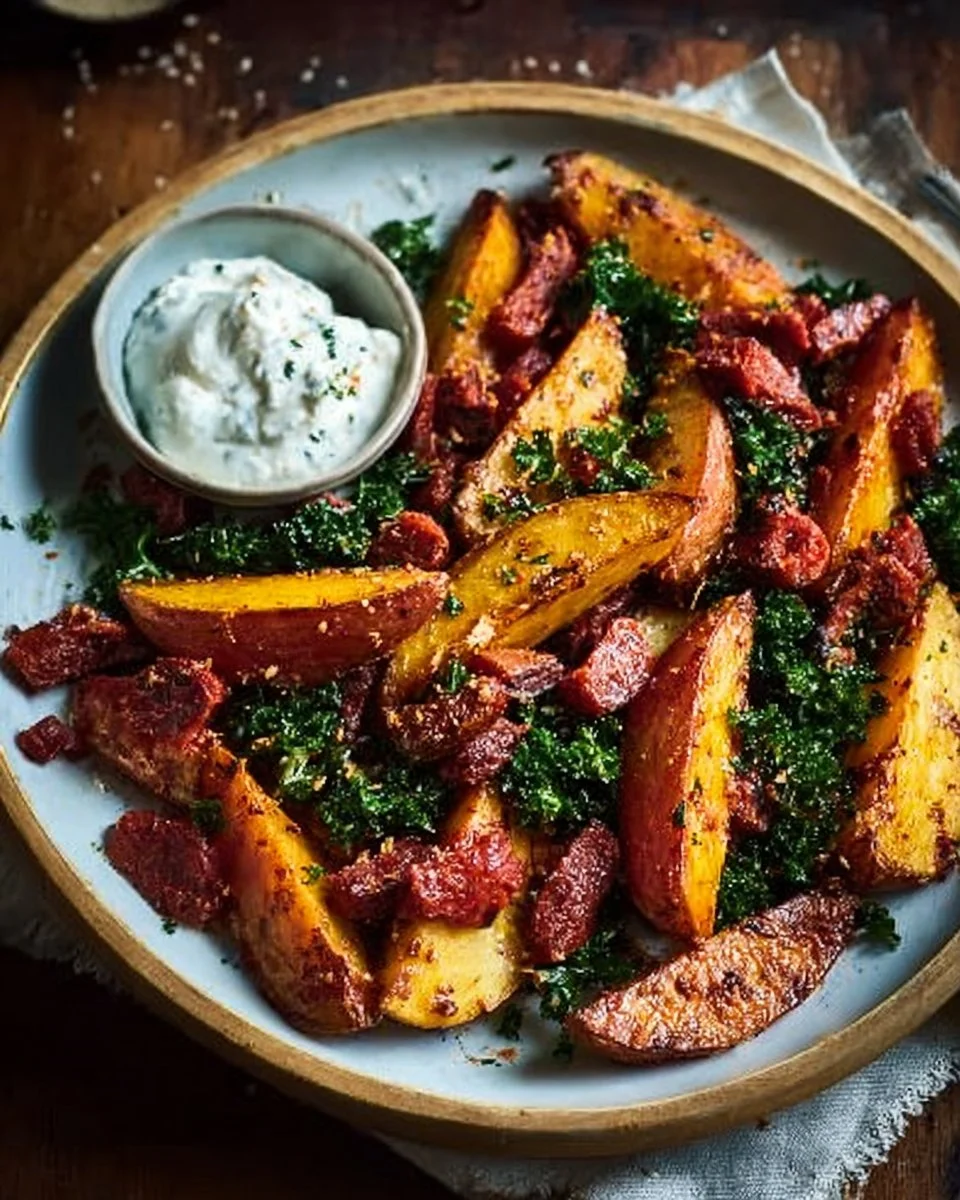 Paprika Wedges with Chorizo & Garlicky Yogurt