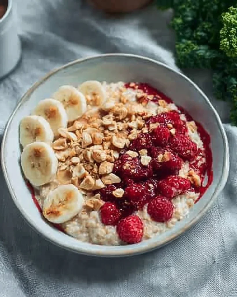Delicious PB&J porridge bowl topped with peanut butter and strawberry jam