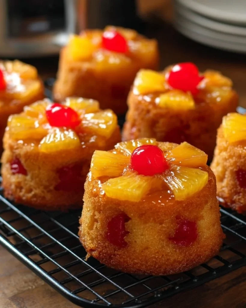Delicious Pineapple Upside Down Cupcakes with maraschino cherries and whipped cream.
