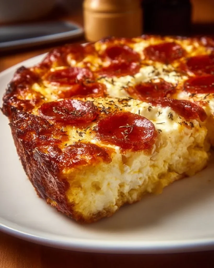 Delicious Pizza Style Cottage Cheese Bake topped with fresh vegetables and cheese