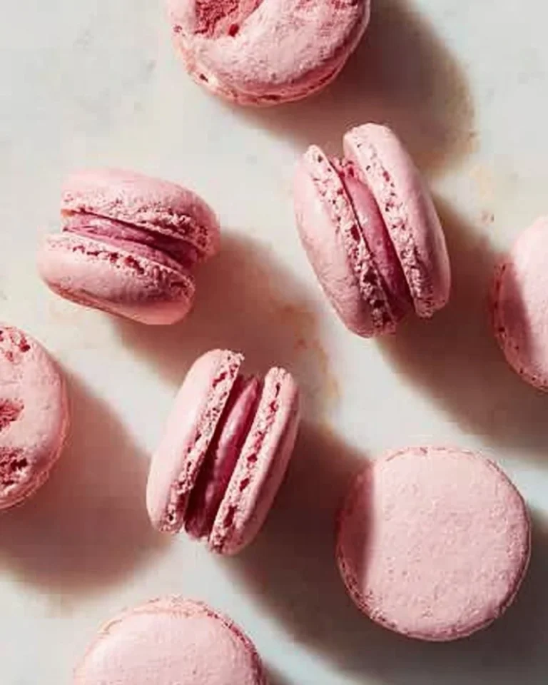 Plate of beautifully colored raspberry macarons on a white background