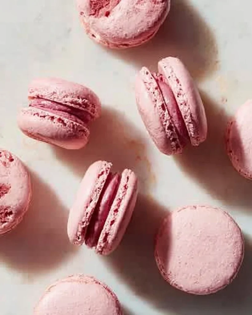 Plate of beautifully colored raspberry macarons on a white background