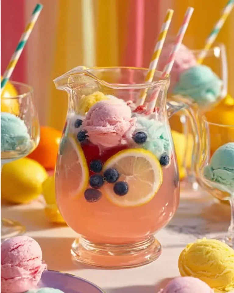 Refreshing pink lemonade punch served in a glass with ice and lemon slices.