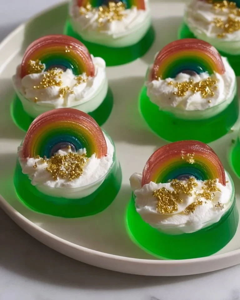 Colorful St. Patrick's Day Jell-O Shots displayed on a festive table.