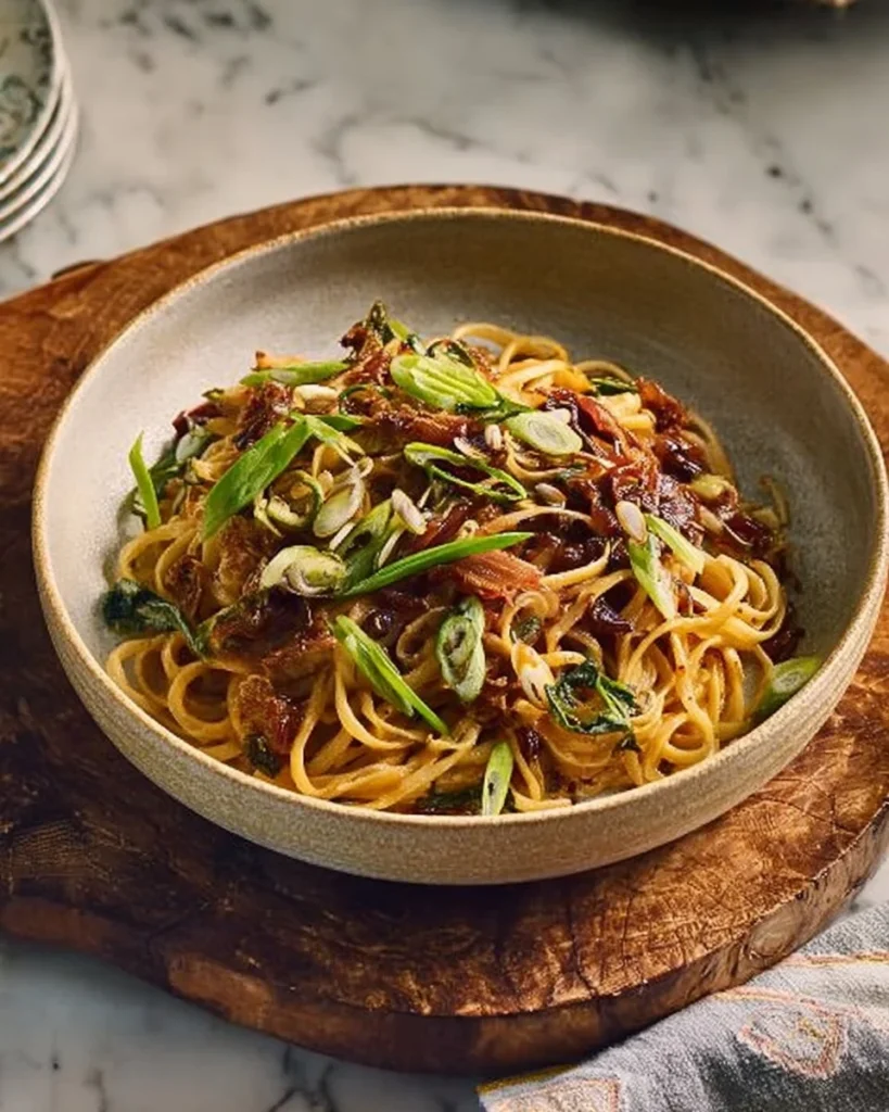 Plate of sticky Mushroom Noodles topped with sesame seeds and fresh herbs