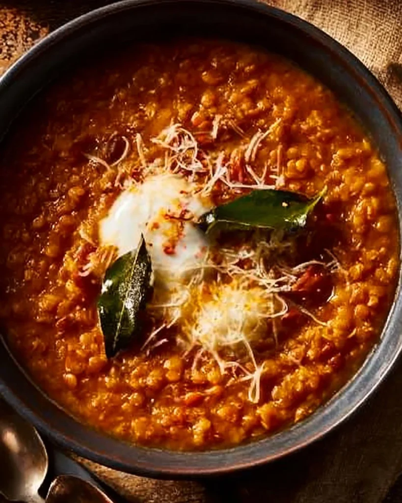 Bowl of tomatoey red lentil soup topped with poached eggs