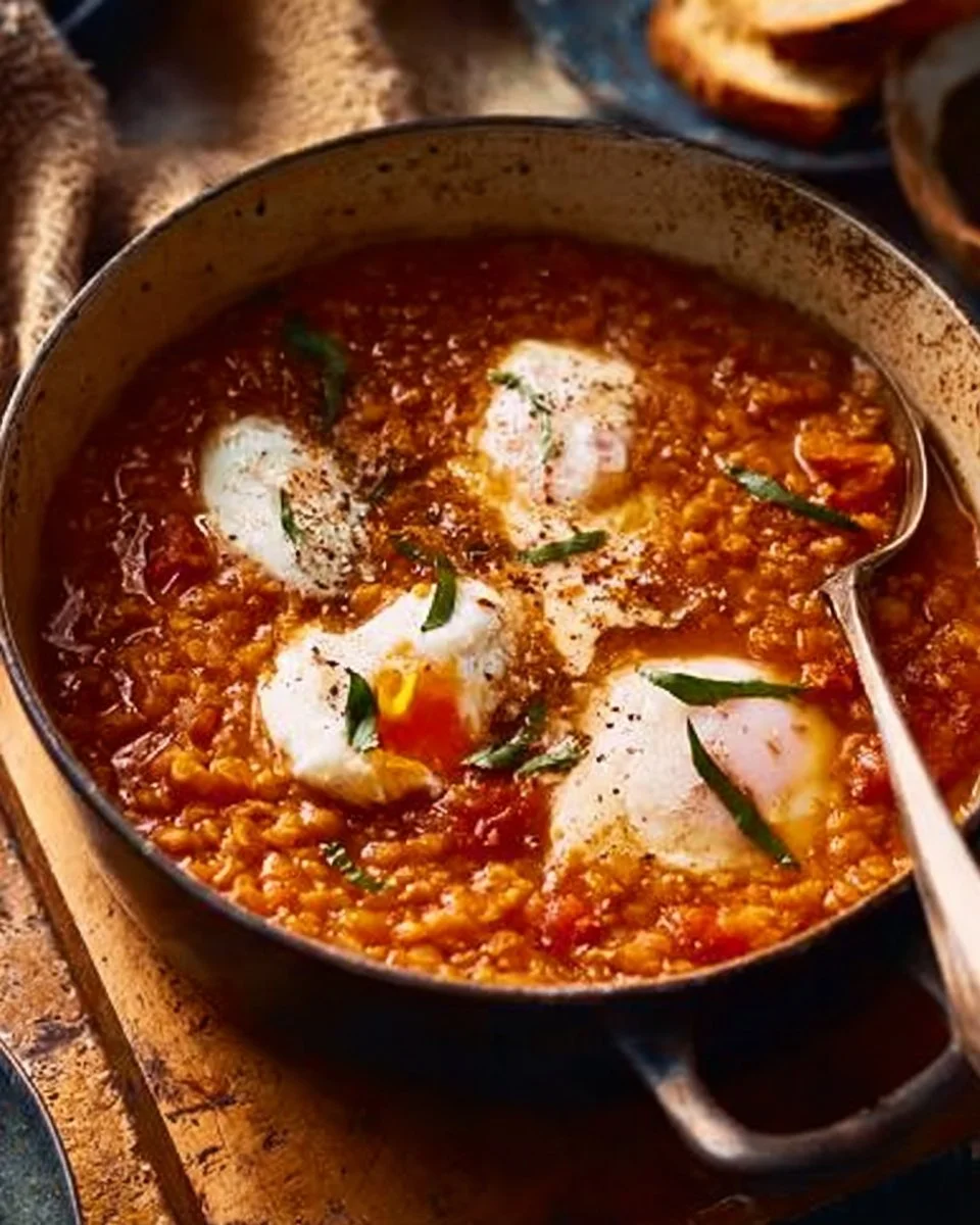 Tomatoey Red Lentil Soup With Poached Eggs Recipe | Waitrose & Partners