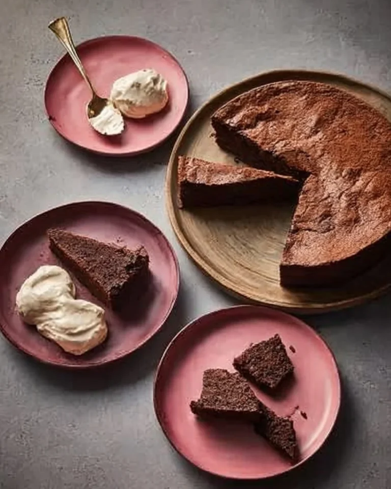 Twice-baked chocolate cake garnished with chocolate shavings