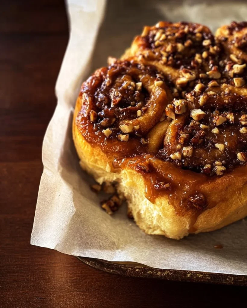 Delicious caramel pecan sticky buns topped with rich caramel and pecans