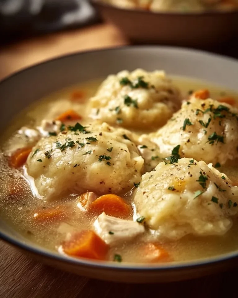 Bowl of gluten free chicken and dumplings with herbs and vegetables