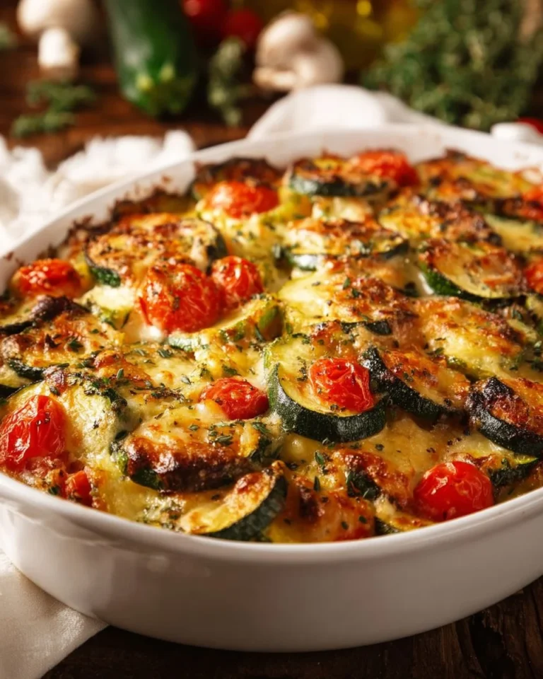 Gluten-free chicken zucchini bake in a baking dish, garnished with herbs