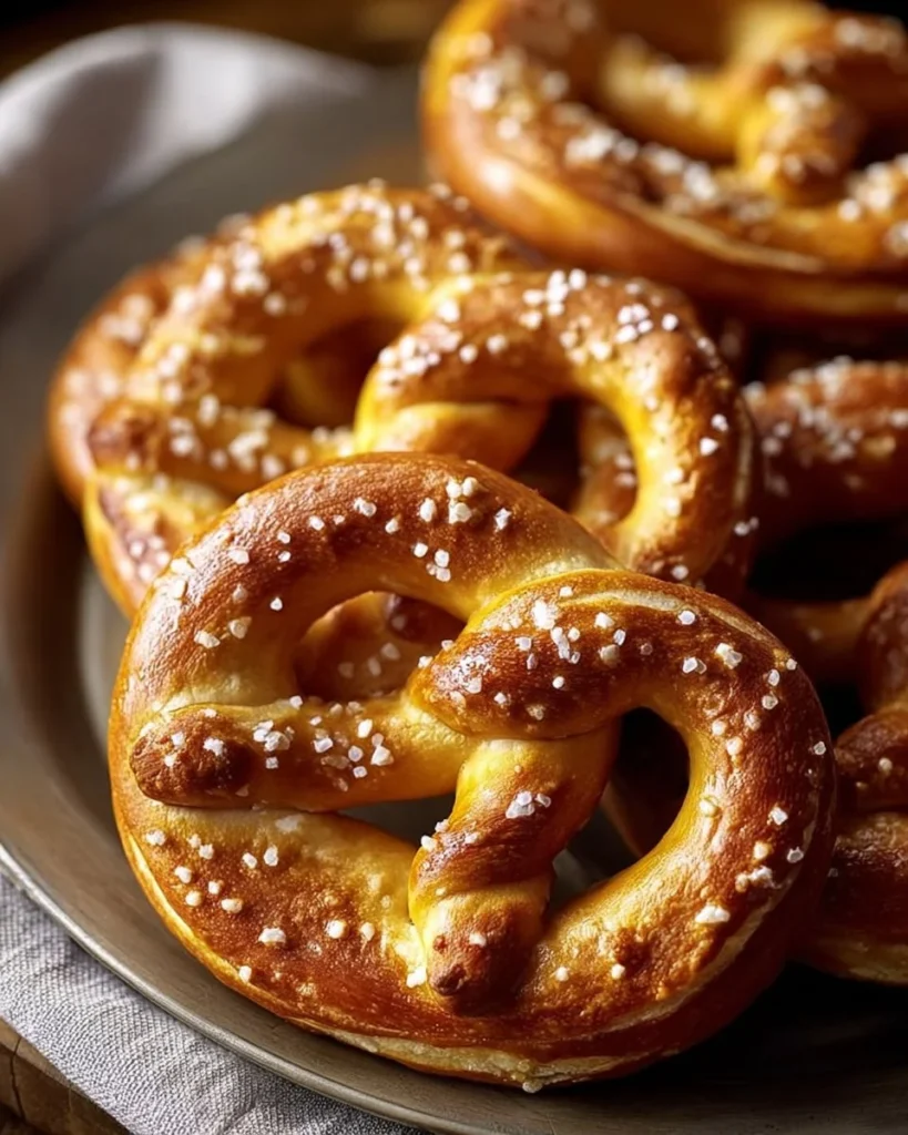 Homemade gluten-free soft pretzels topped with coarse salt on a wooden board