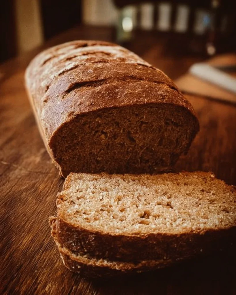 A loaf of freshly baked brown bread on a wooden cutting board.