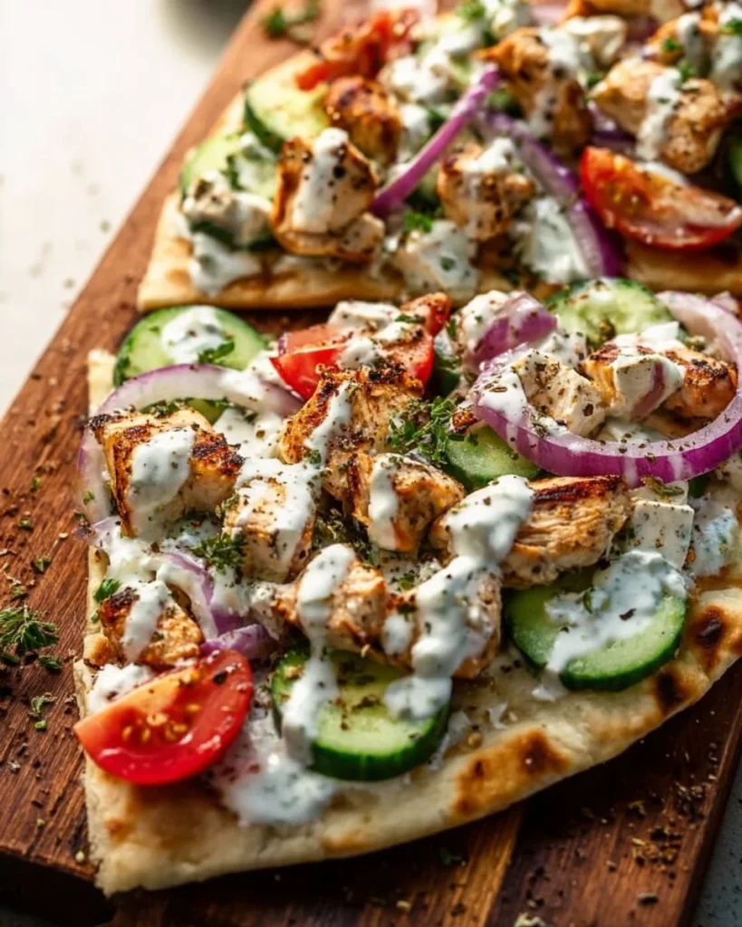 Delicious Greek Chicken Flatbread with fresh vegetables and tzatziki sauce