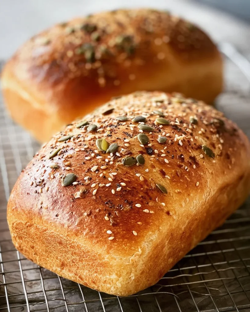 Freshly baked Multi-Seed Honey Wheat Bread with seeds and a golden crust.