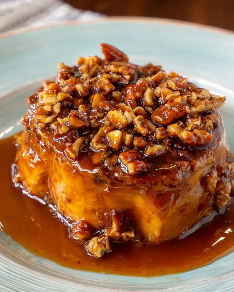 Slice of overnight pecan pie French toast topped with pecans and syrup