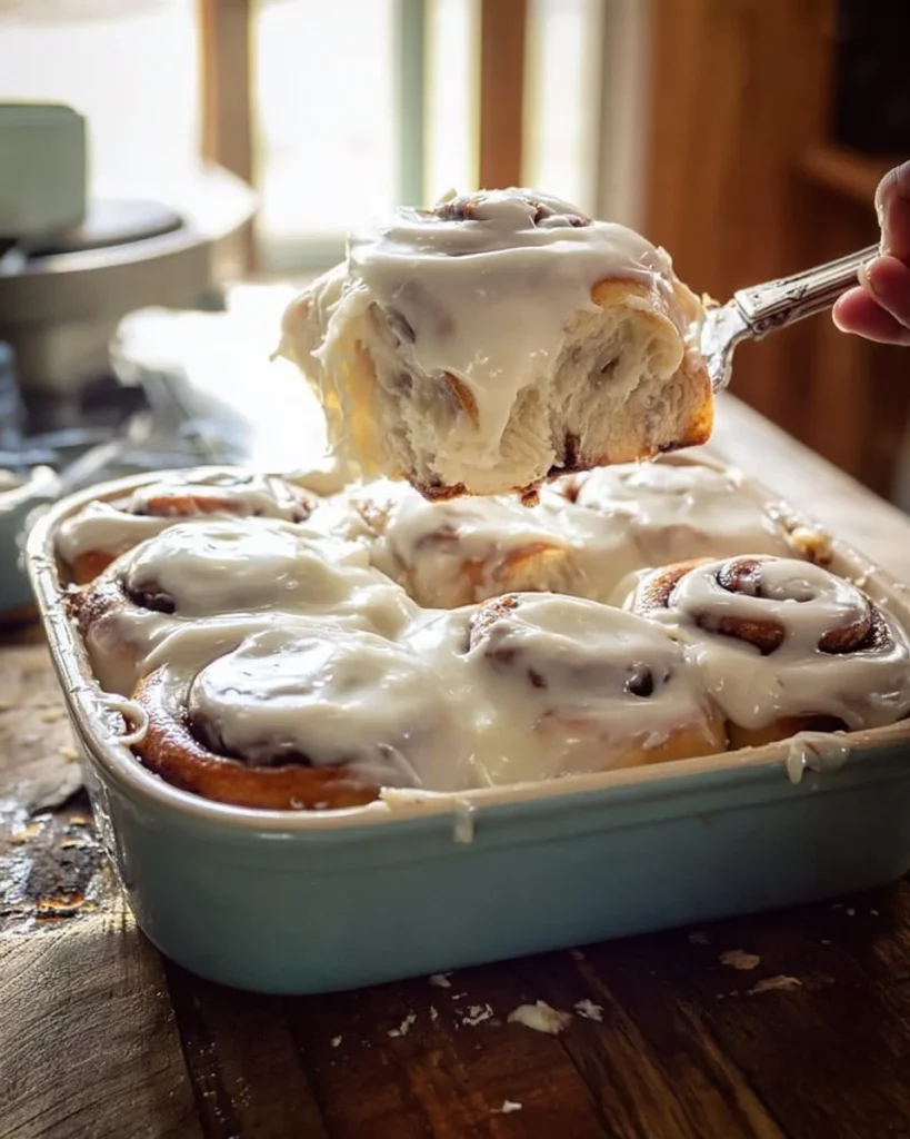 Delicious homemade cinnamon rolls topped with cream cheese frosting.