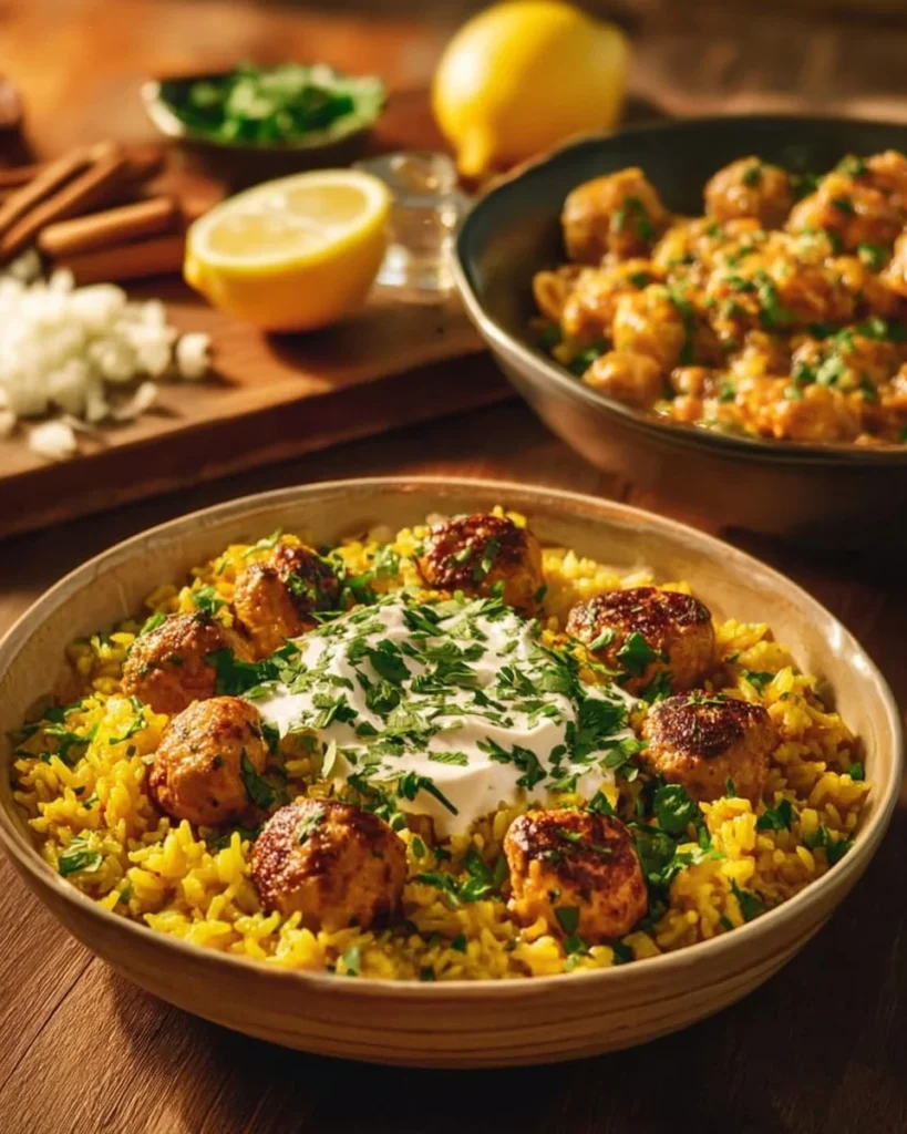 Delicious anti-inflammatory turmeric chicken served with rice