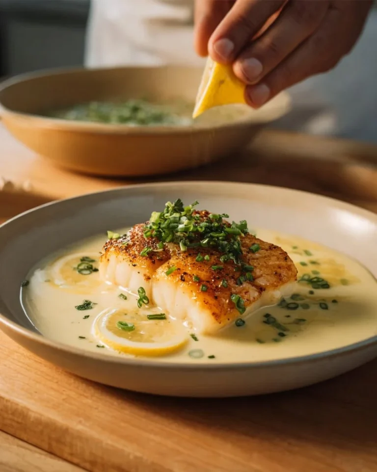 Baked cod fillet topped with coconut lemon cream sauce, served on a plate