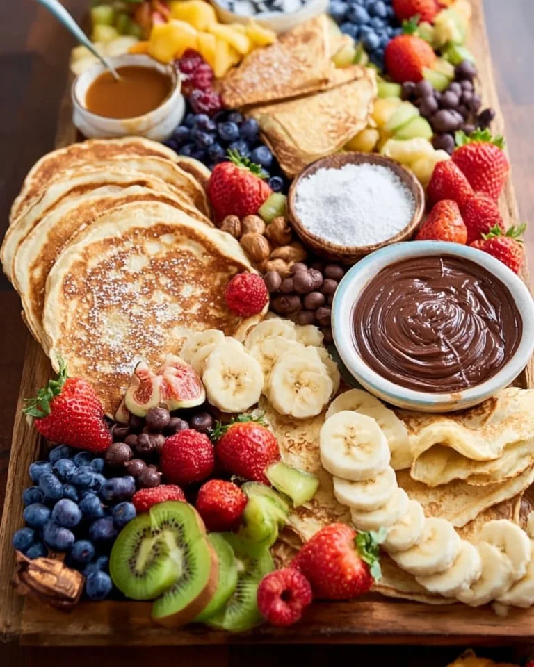 Breakfast pancake charcuterie board with fresh toppings and fruits