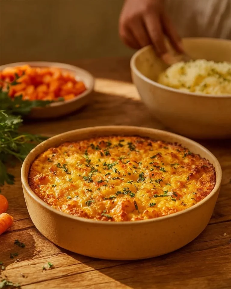 Cheesy garlic carrot gratin topped with melted cheese, an enticing side dish.