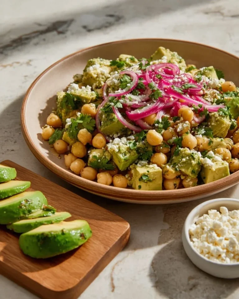 Chickpea Feta Avocado Salad with fresh ingredients on a plate