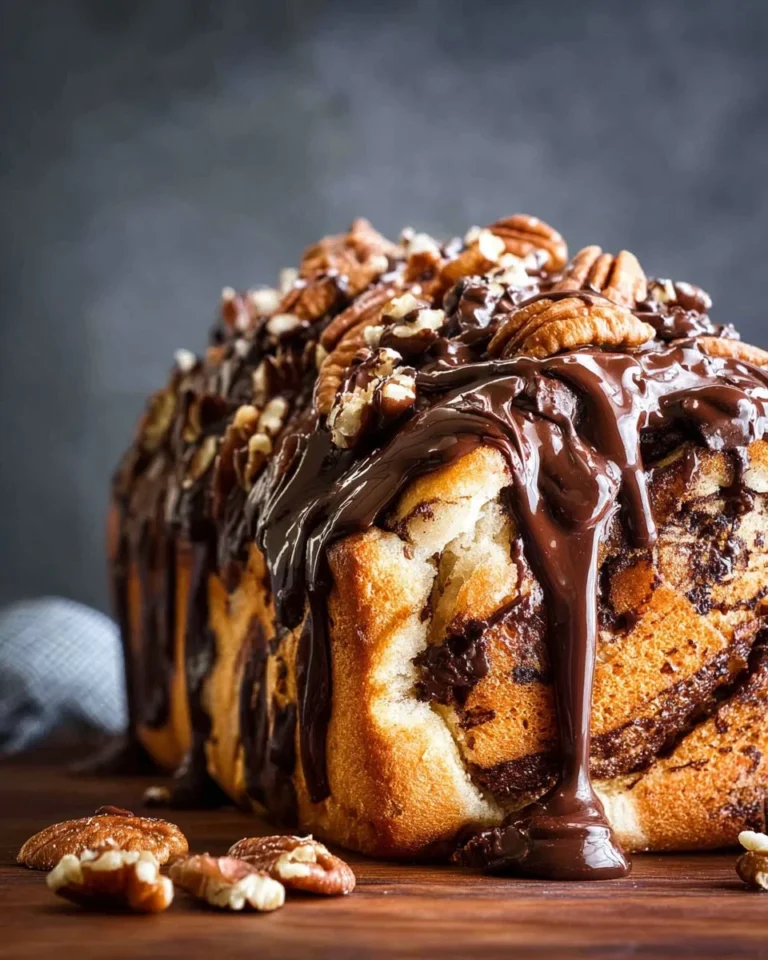 Chocolate Pretzel Biscuit Monkey Bread served on a wooden plate, drizzled with chocolate.