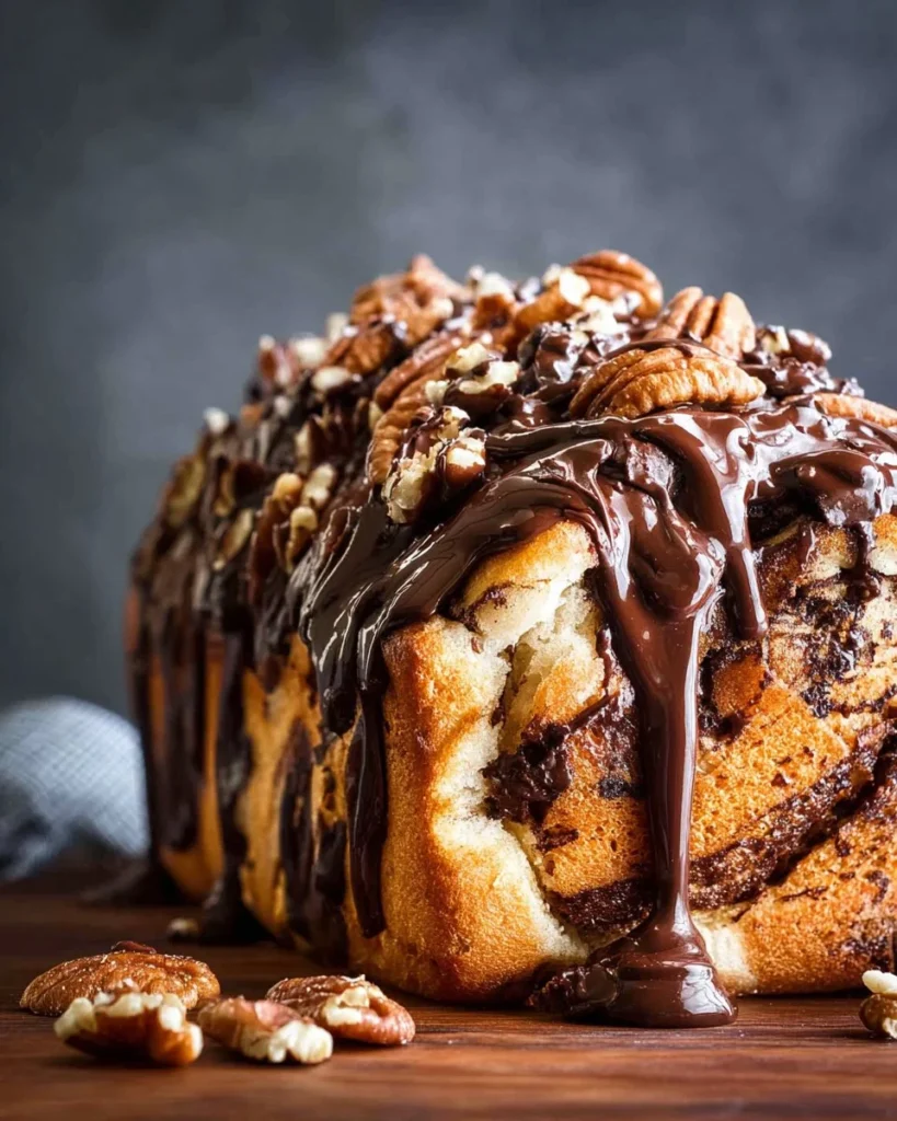 Chocolate Pretzel Biscuit Monkey Bread served on a wooden plate, drizzled with chocolate.