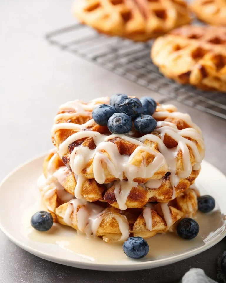 Delicious cinnamon roll waffles topped with icing and cinnamon
