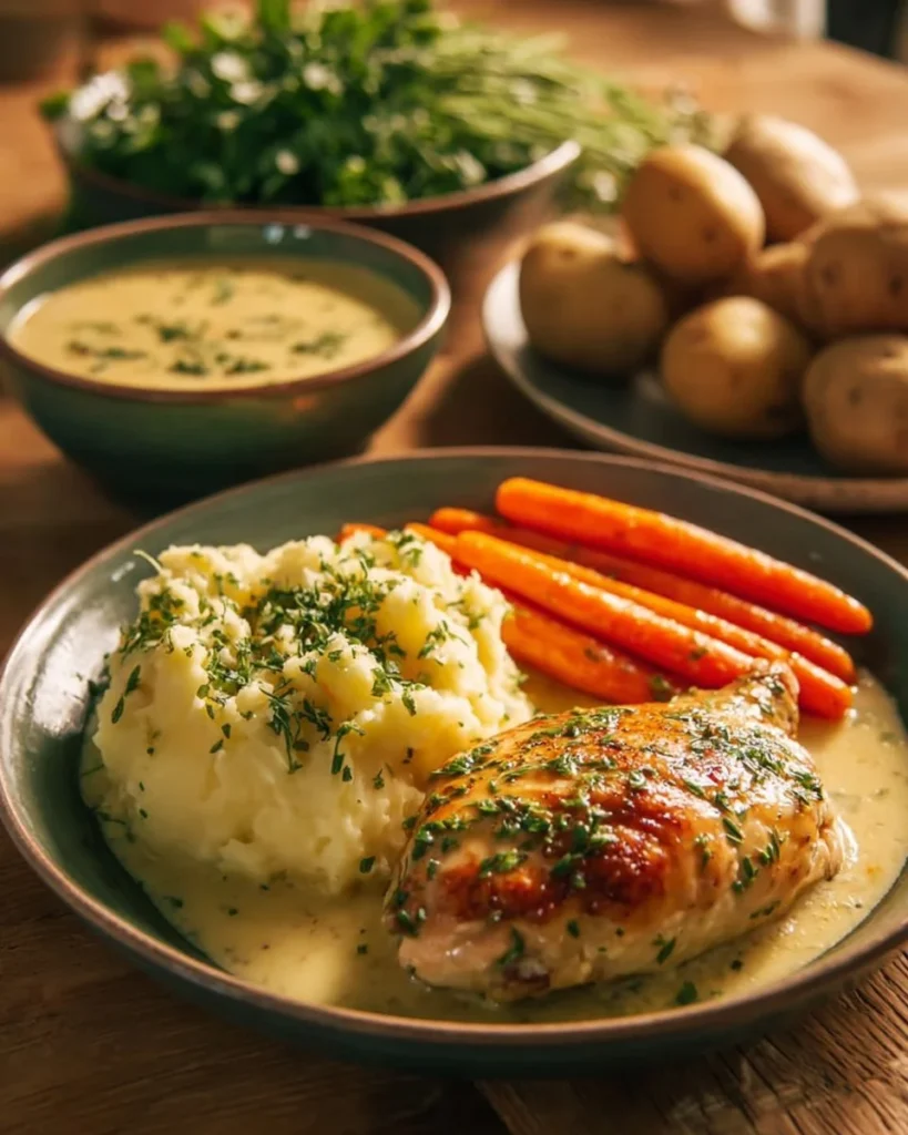 Creamy herb chicken with mashed potatoes and honey glazed carrots on a plate