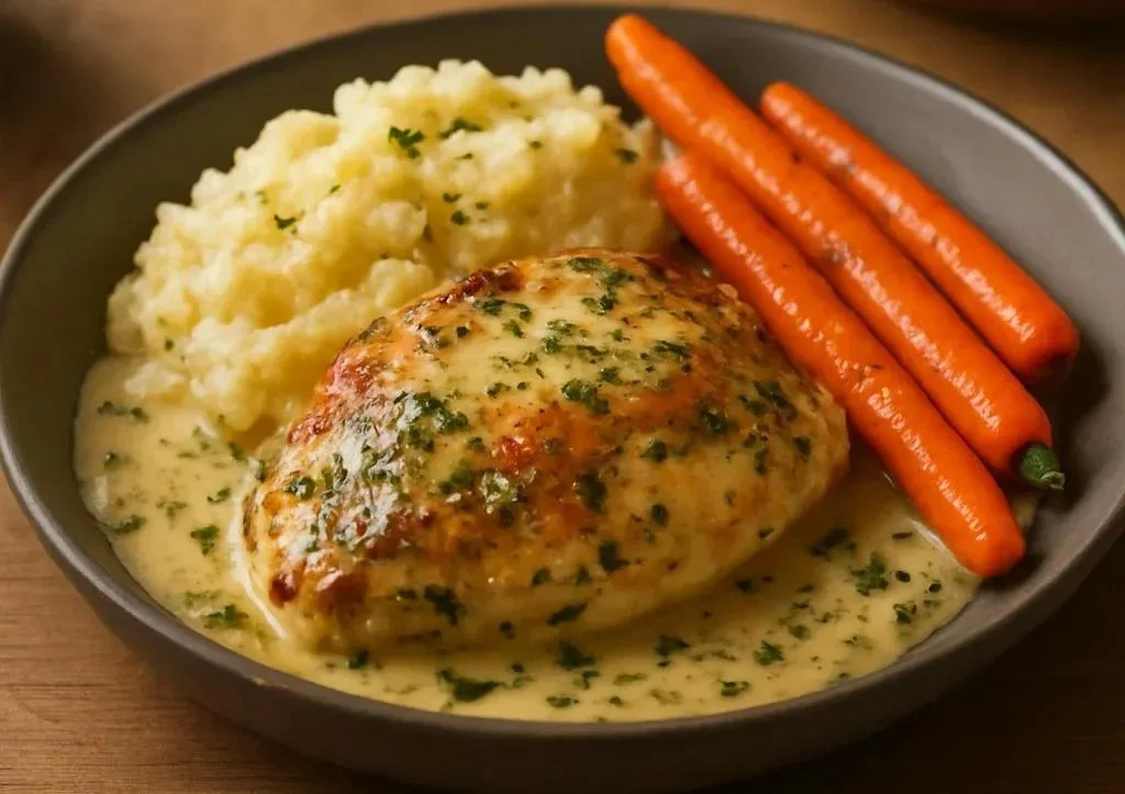 Creamy Herb Chicken with Mashed Potatoes and Honey Glazed Carrots