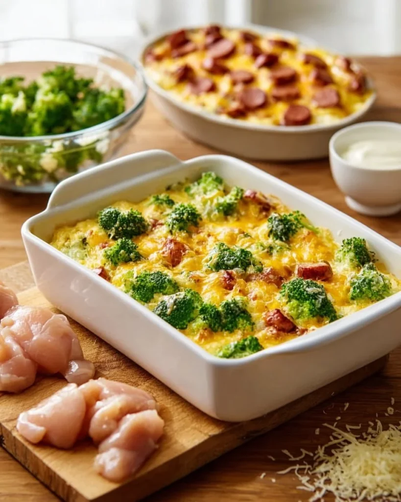Creamy low carb chicken casserole dish served hot and garnished.