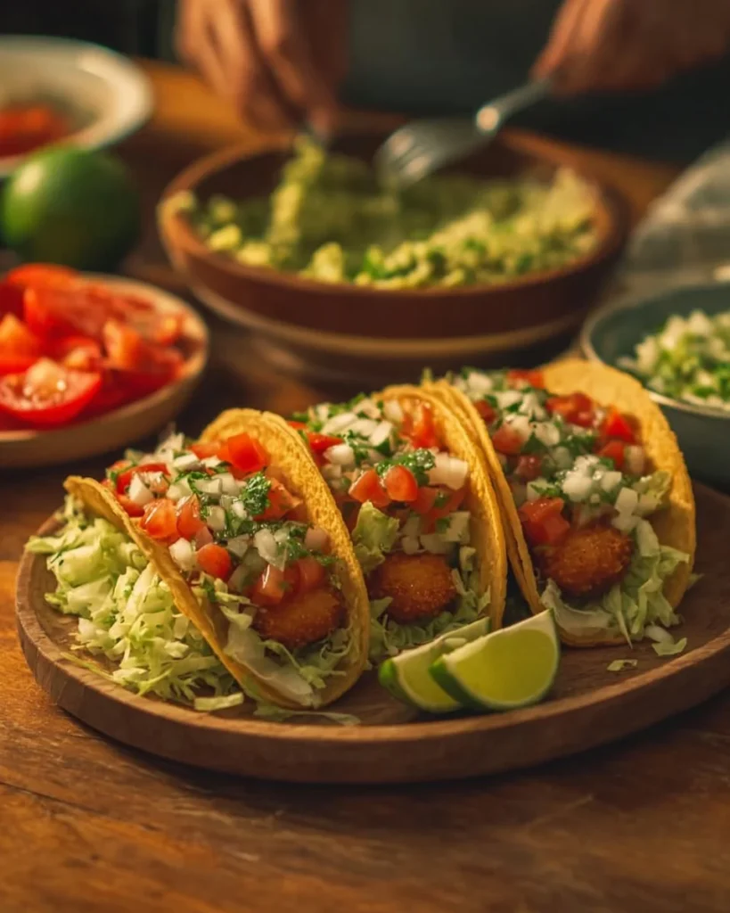 Crispy fish tacos with cilantro lime slaw served on a plate