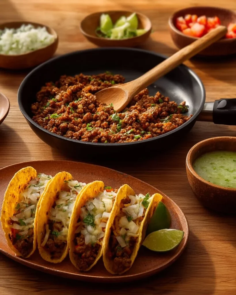 Crispy ground beef tacos topped with fresh ingredients and served on a plate.