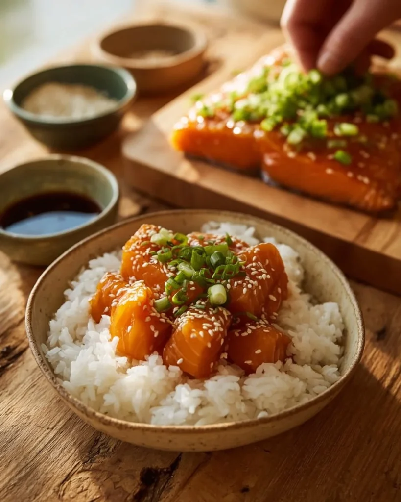 Crispy Salmon served over rice with fresh vegetables in a bowl