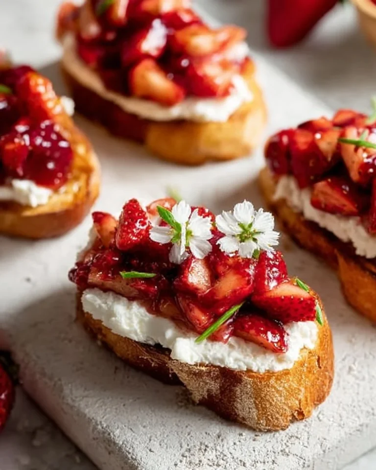 Crostini topped with balsamic strawberries and ricotta cheese on a wooden board.